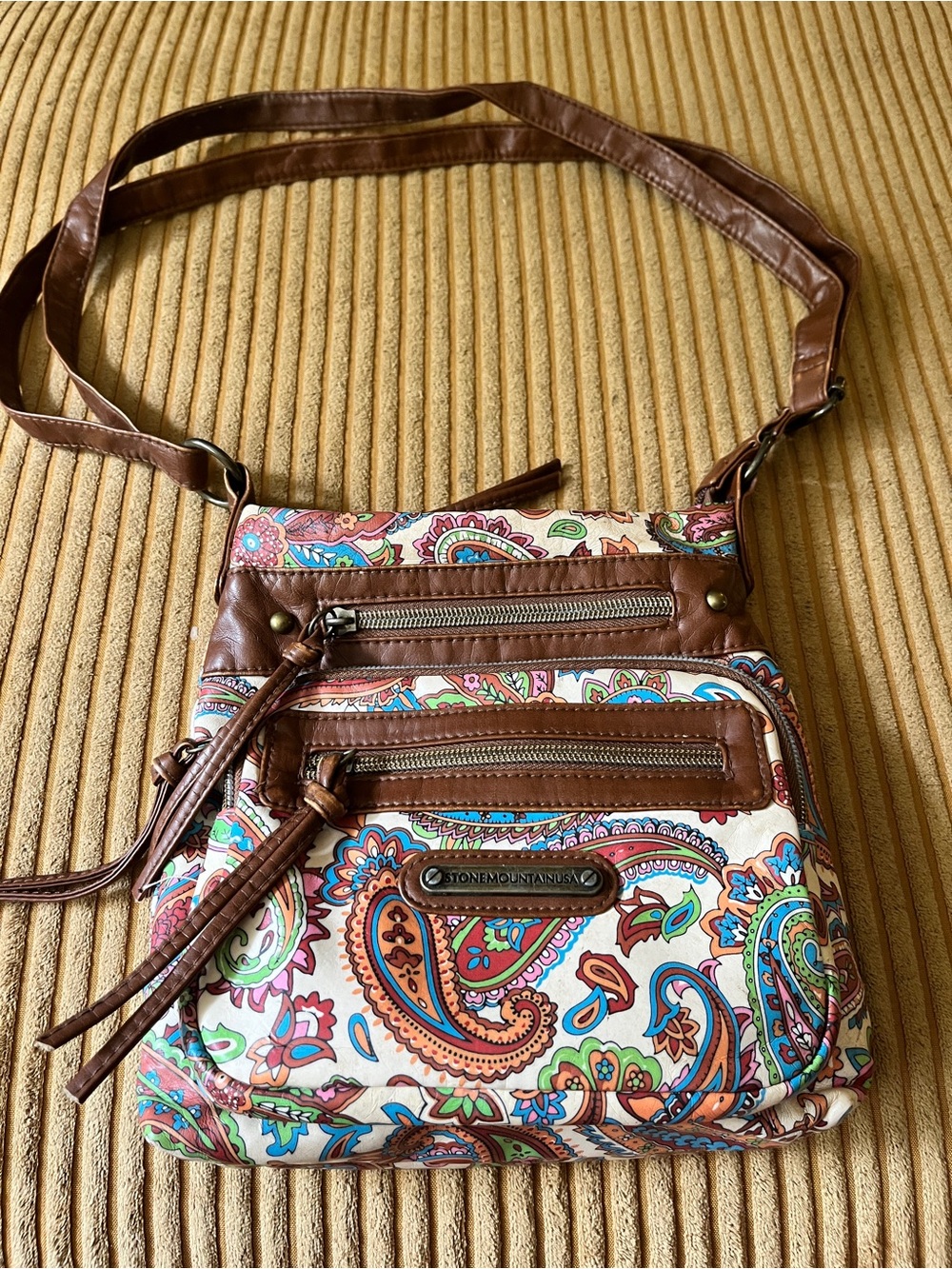 Stone Mountain Accessories Multicolor Paisley Crossbody with Brown Trim